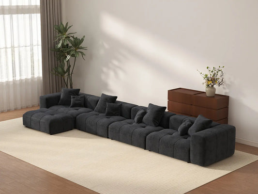 Matrix 4-Seater Black Linen L-Shaped Sectional | 5-Piece (Includes 1 Ottoman), Contemporary Style