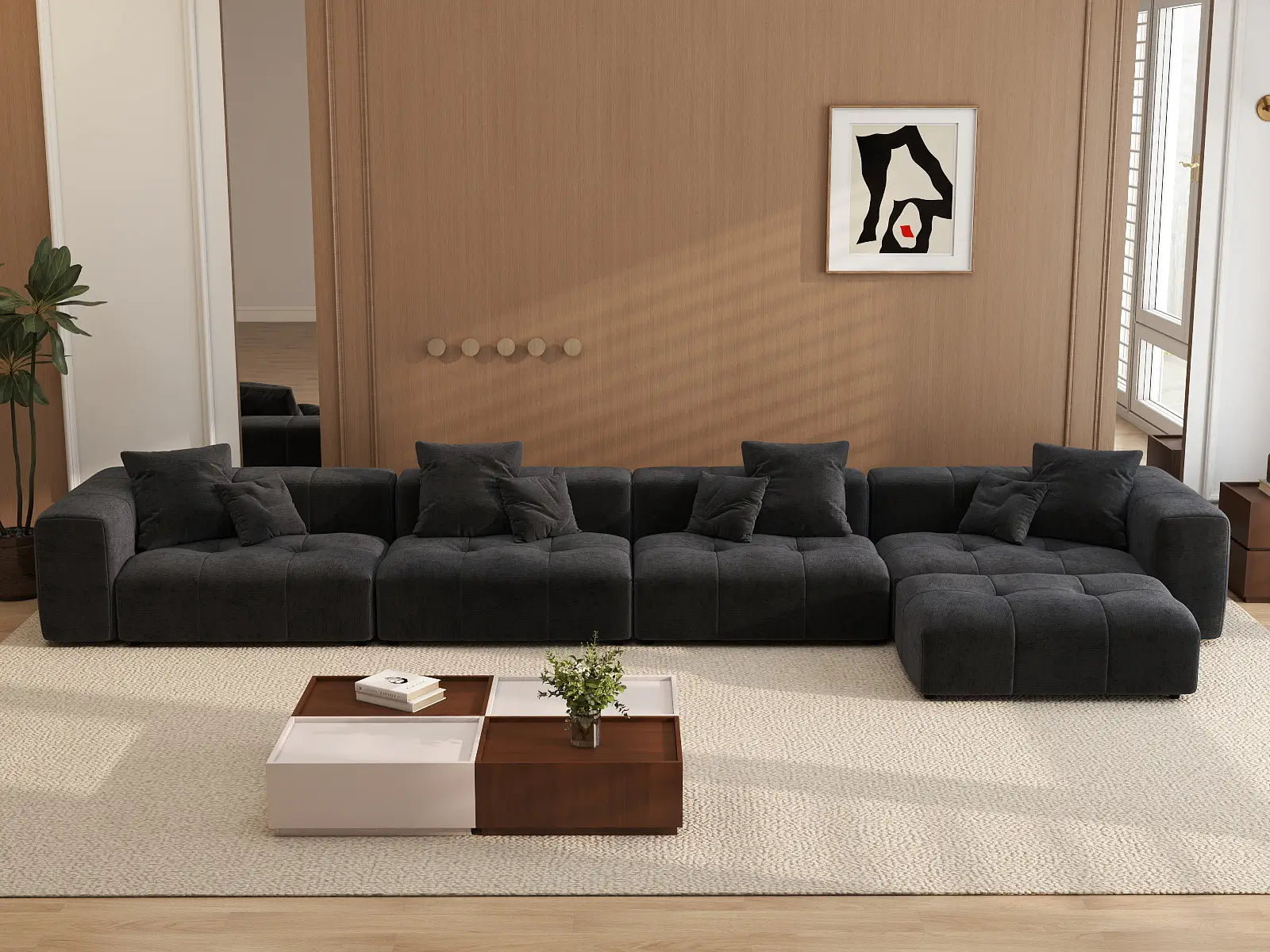 Matrix 4-Seater Black Linen L-Shaped Sectional | 5-Piece (Includes 1 Ottoman), Contemporary Style