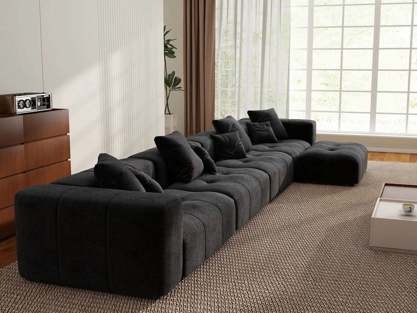 Matrix 4-Seater Black Linen L-Shaped Sectional | 5-Piece (Includes 1 Ottoman), Contemporary Style