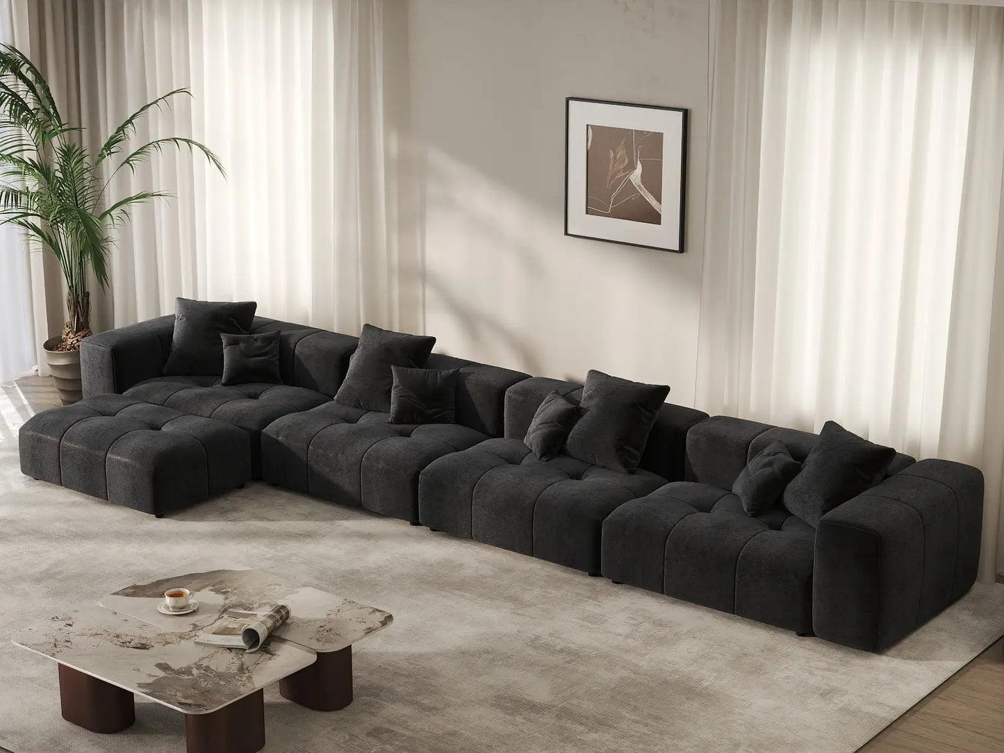 Matrix 4-Seater Black Linen L-Shaped Sectional | 5-Piece (Includes 1 Ottoman), Contemporary Style