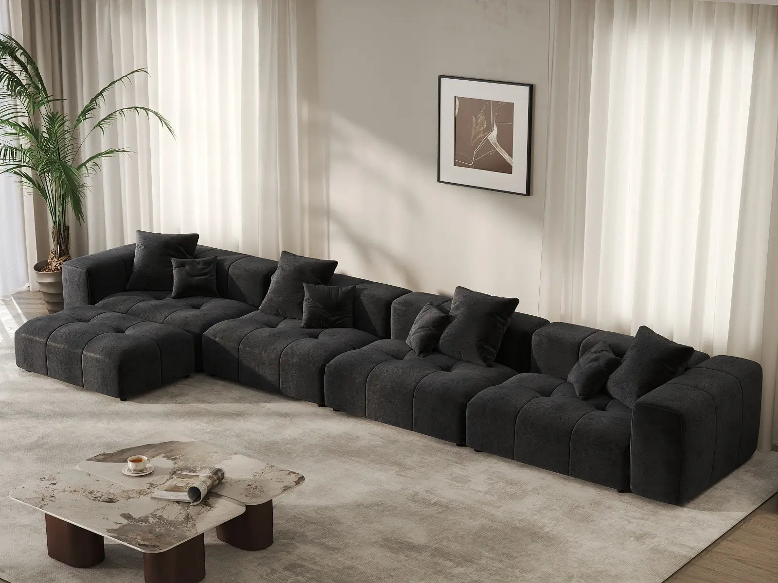 Matrix 4-Seater Black Linen L-Shaped Sectional | 5-Piece (Includes 1 Ottoman), Contemporary Style