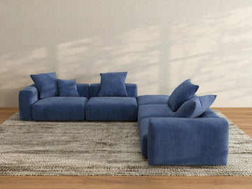 Seccional en forma de V Matrix de 4 asientos en pana azul | 5 piezas (incluye 1 otomana), asientos para sala de estar, fácil de limpiar, diseño elegante