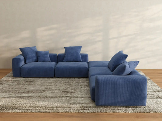 Matrix 4-Seater V-Shaped Sectional in Blue Corduroy | 5-Piece (Includes 1 Ottoman), Living Room Seating, Easy To Clean, Stylish Design