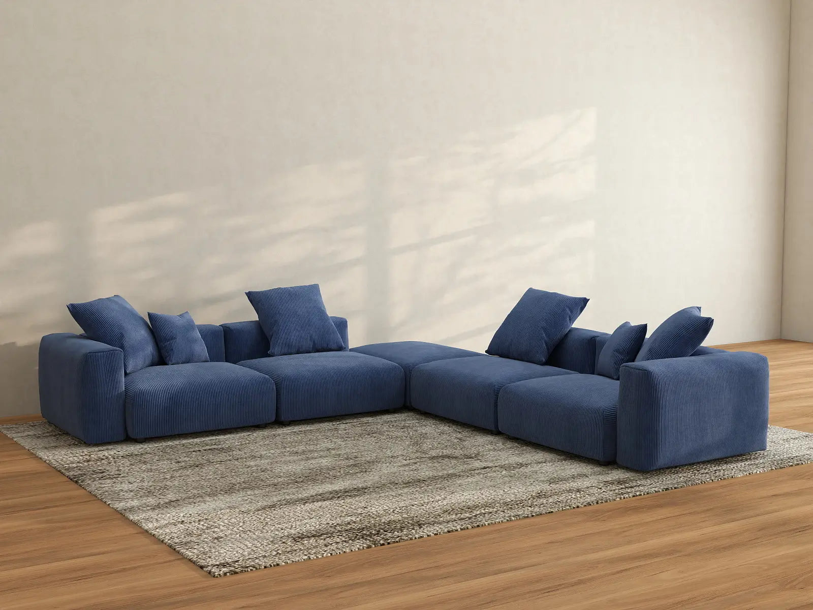 Seccional en forma de V Matrix de 4 asientos en pana azul | 5 piezas (incluye 1 otomana), asientos para sala de estar, fácil de limpiar, diseño elegante