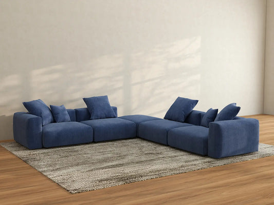 Matrix 4-Seater V-Shaped Sectional in Blue Corduroy | 5-Piece (Includes 1 Ottoman), Living Room Seating, Easy To Clean, Stylish Design