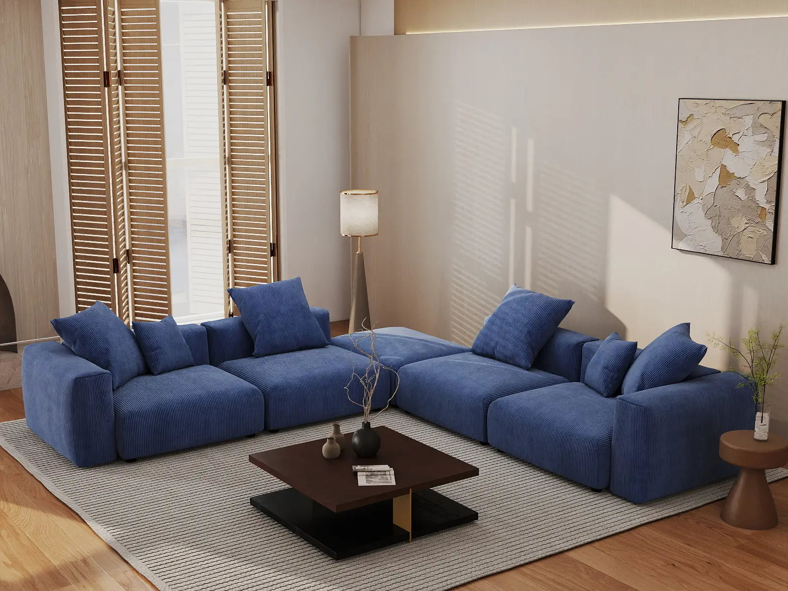 Seccional en forma de V Matrix de 4 asientos en pana azul | 5 piezas (incluye 1 otomana), asientos para sala de estar, fácil de limpiar, diseño elegante