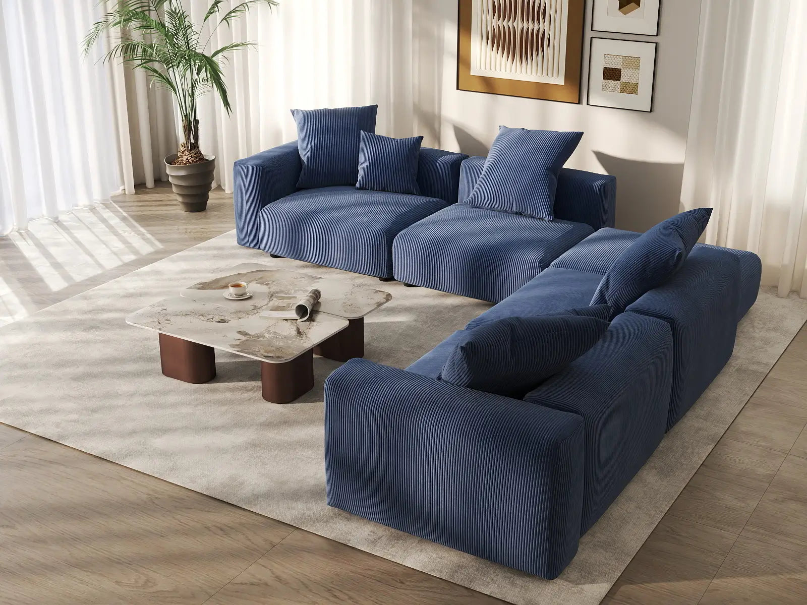 Seccional en forma de V Matrix de 4 asientos en pana azul | 5 piezas (incluye 1 otomana), asientos para sala de estar, fácil de limpiar, diseño elegante