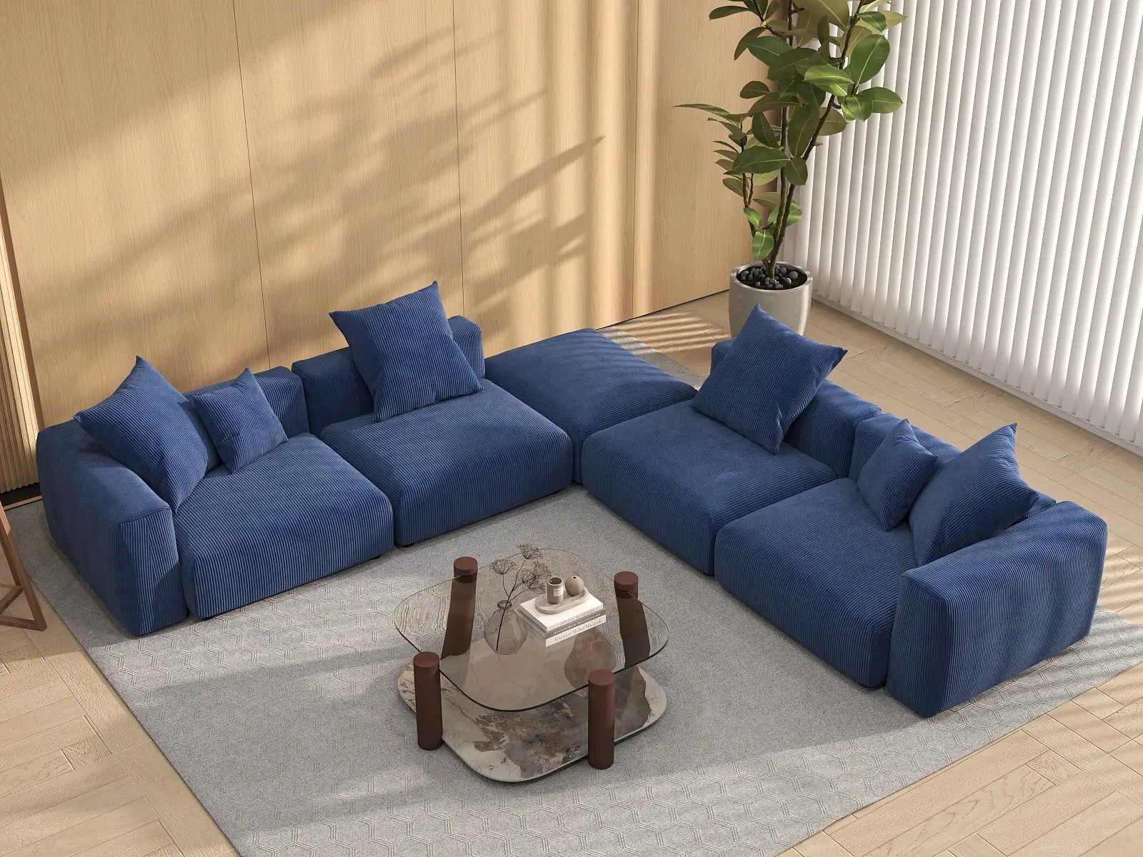 Seccional en forma de V Matrix de 4 asientos en pana azul | 5 piezas (incluye 1 otomana), asientos para sala de estar, fácil de limpiar, diseño elegante