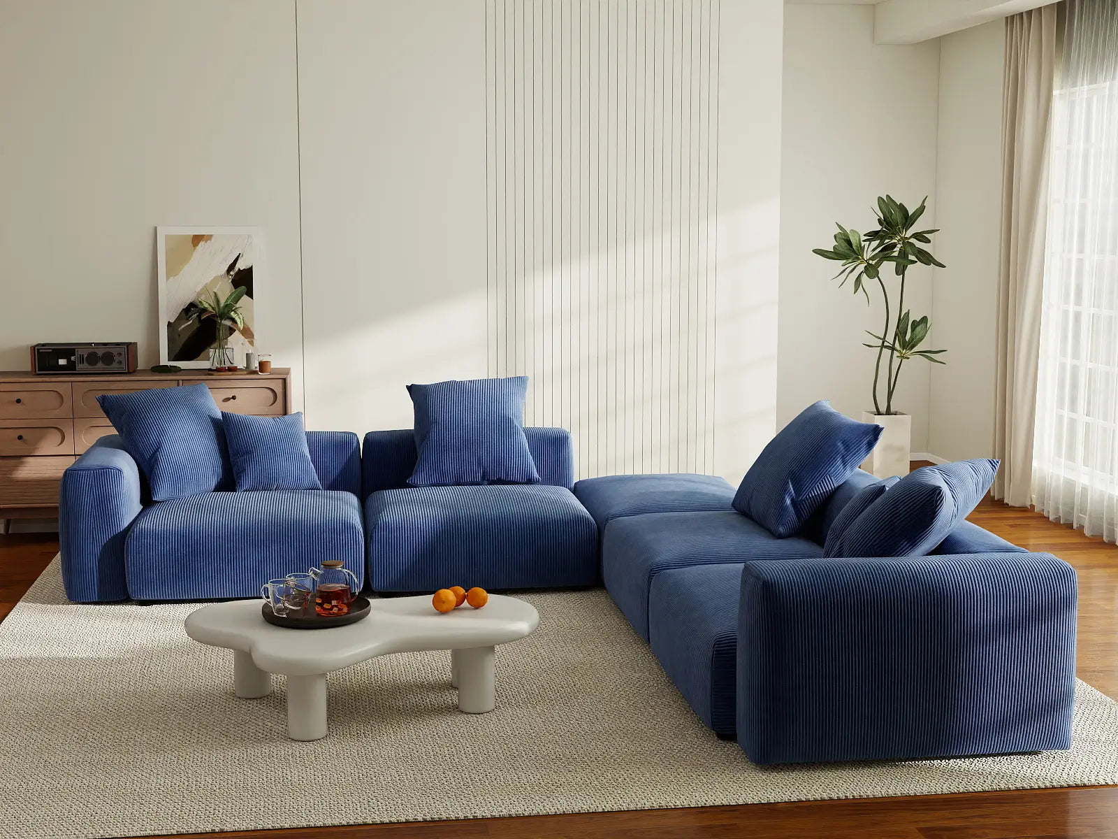Seccional en forma de V Matrix de 4 asientos en pana azul | 5 piezas (incluye 1 otomana), asientos para sala de estar, fácil de limpiar, diseño elegante