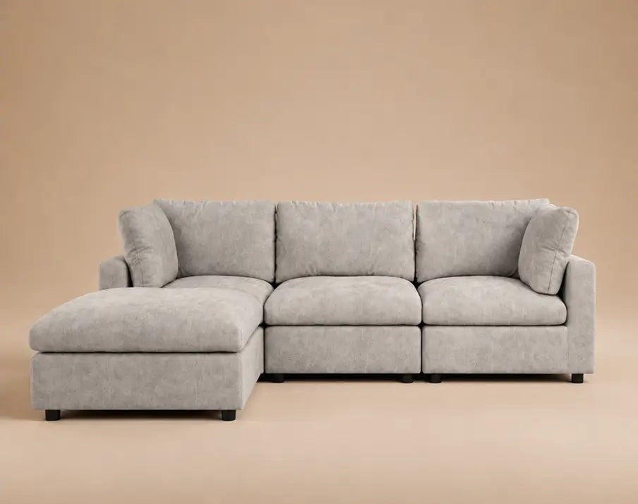 Deluxe Cloud 3-Seater Light Grey L-Shaped Sectional | 4-Piece (Includes 1 Ottoman), Linen-Blend Chenille Fabric, Washable Cushion Covers
