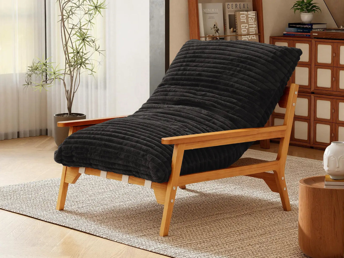 Modern 1-Seater Black Small Space Accent Chair | 1-Piece, Plush Fabric, Solid Wood Frame, Flat Wooden Arms