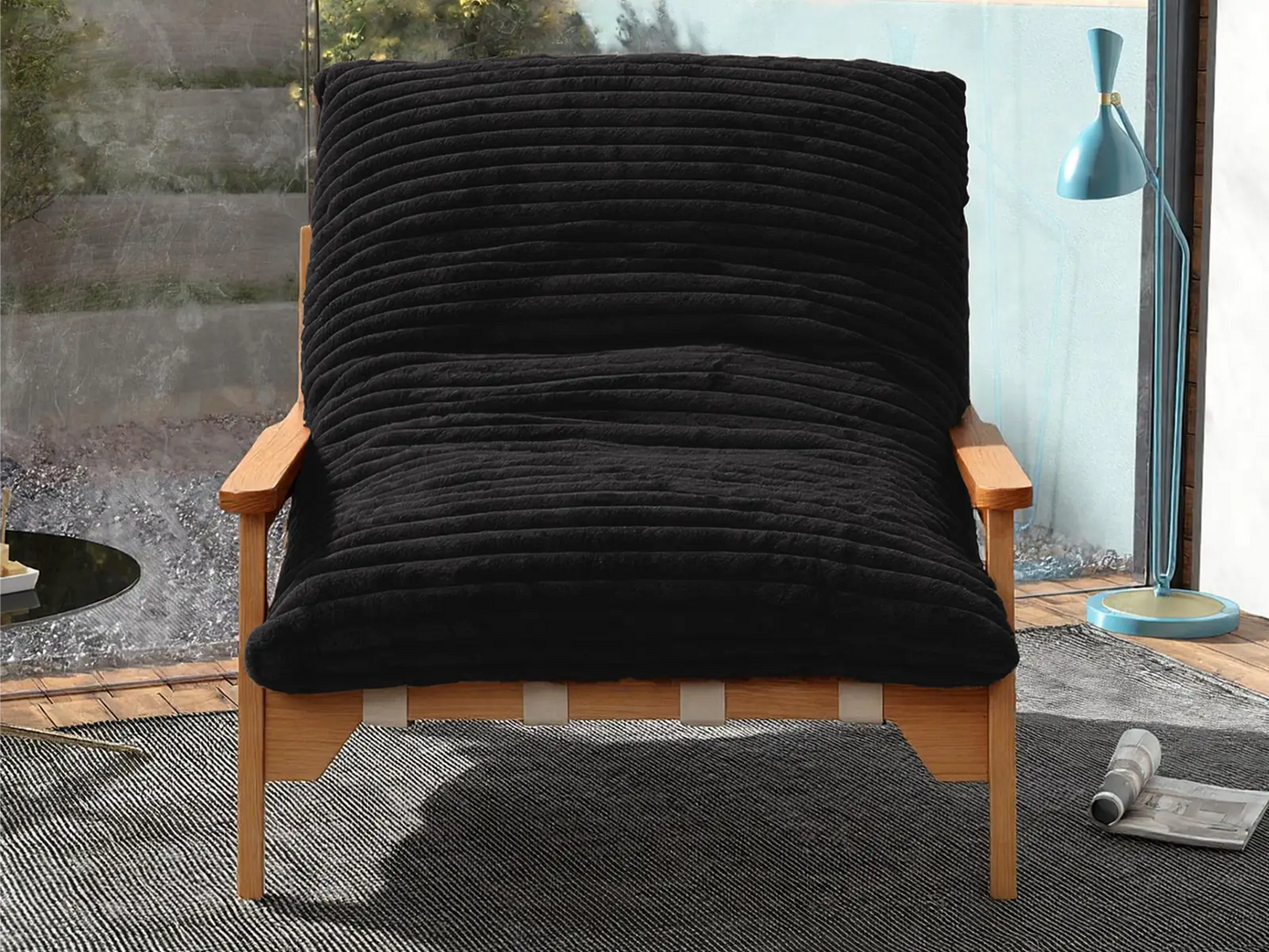Modern 1-Seater Black Small Space Accent Chair | 1-Piece, Plush Fabric, Solid Wood Frame, Flat Wooden Arms