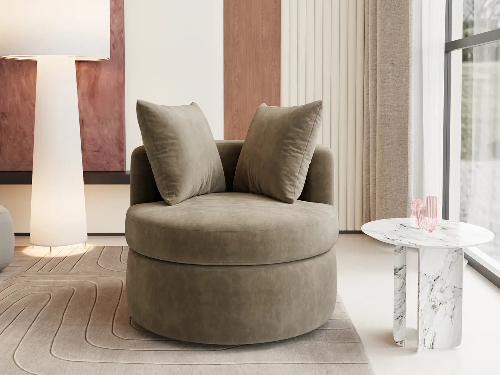 Modern 1-Seater Gray Brown Small Space Swivel Accent Chair | 1-Piece, Linen Upholstery, Curved Shelter Arms
