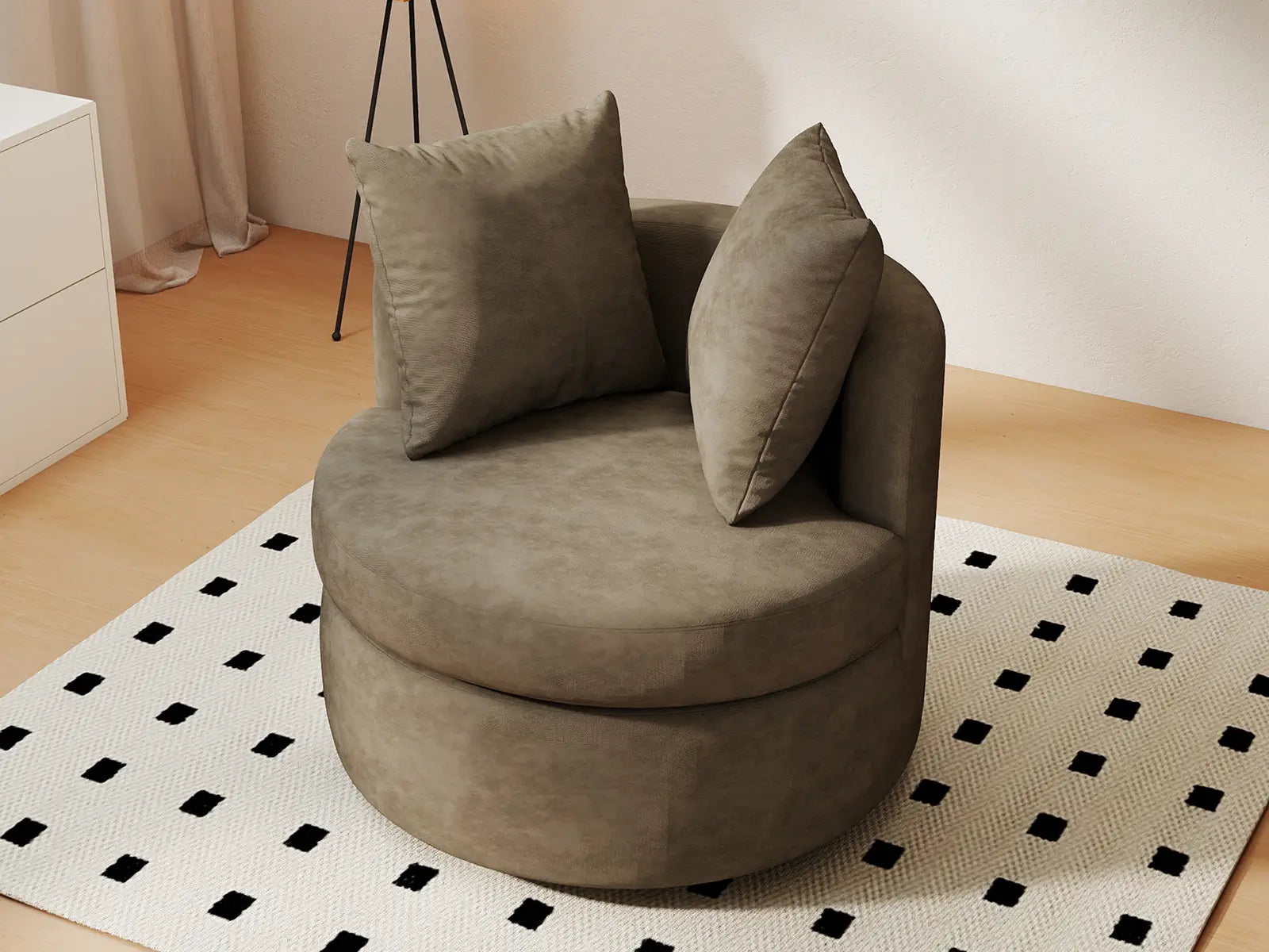 Modern 1-Seater Gray Brown Small Space Swivel Accent Chair | 1-Piece, Linen Upholstery, Curved Shelter Arms