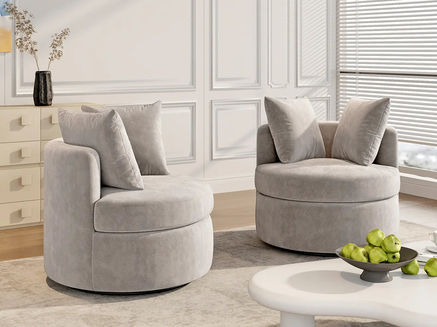 Modern 1-Seater Khaki Small Space Swivel Accent Chair | 1-Piece, Linen Upholstery, Curved Shelter Arms