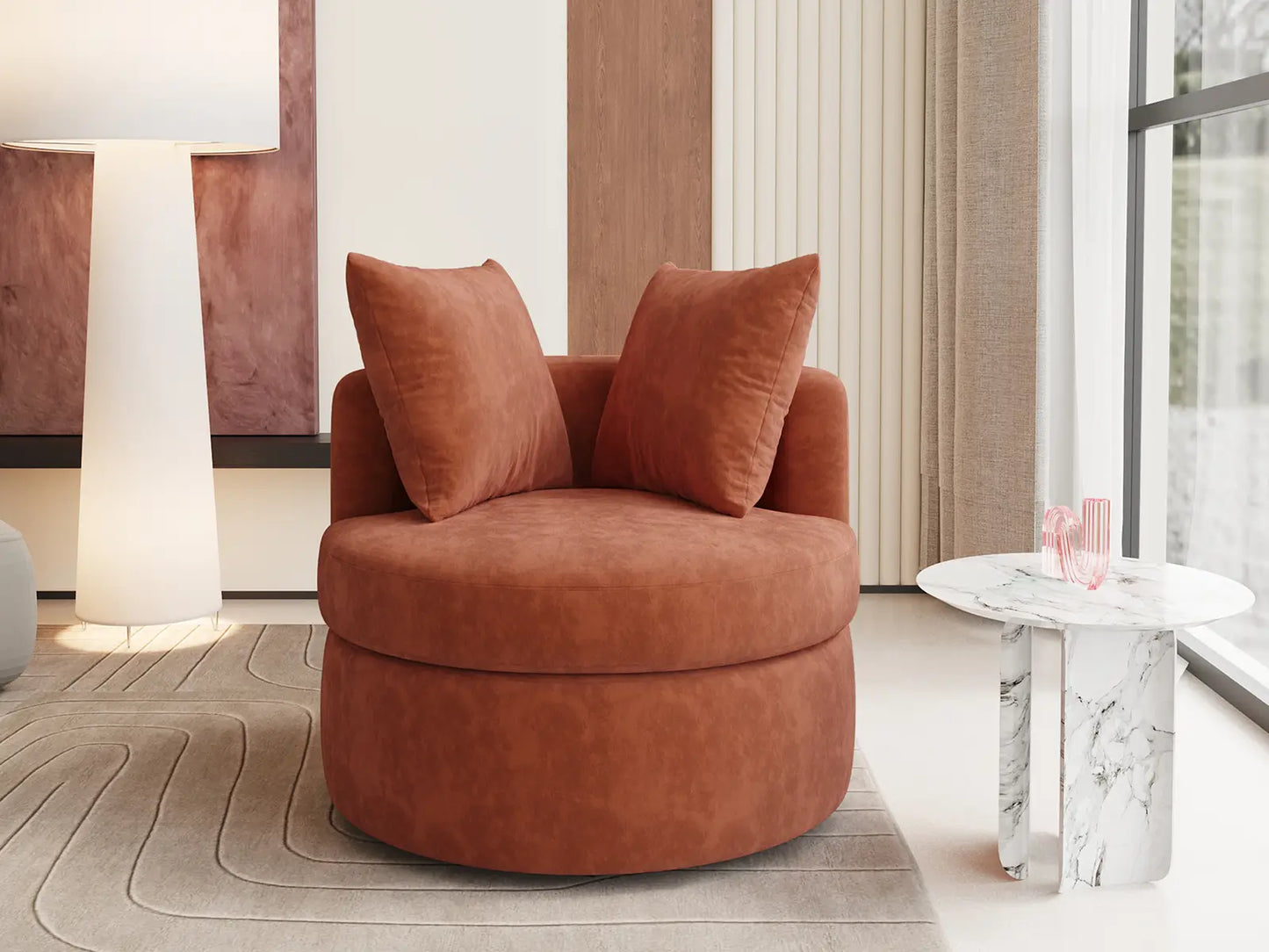Modern 1-Seater Rust Brown Small Space Swivel Accent Chair | 1-Piece, Linen Upholstery, Curved Shelter Arms