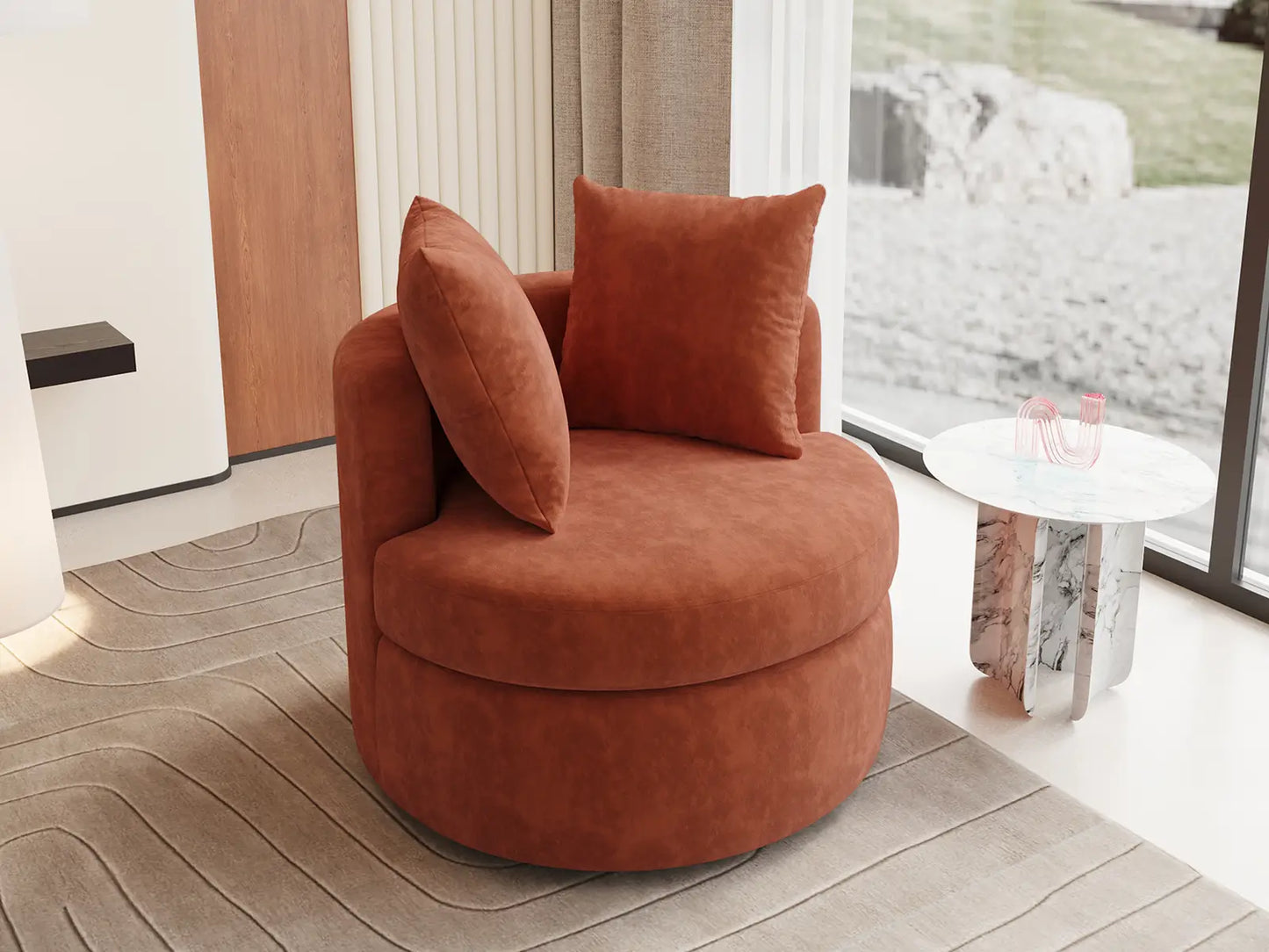 Modern 1-Seater Rust Brown Small Space Swivel Accent Chair | 1-Piece, Linen Upholstery, Curved Shelter Arms