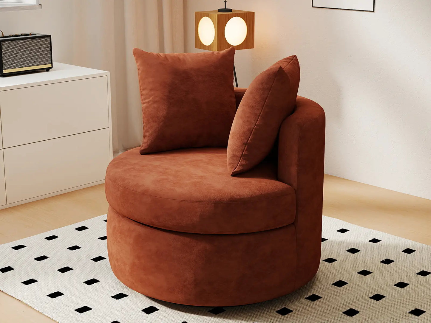 Modern 1-Seater Rust Brown Small Space Swivel Accent Chair | 1-Piece, Linen Upholstery, Curved Shelter Arms