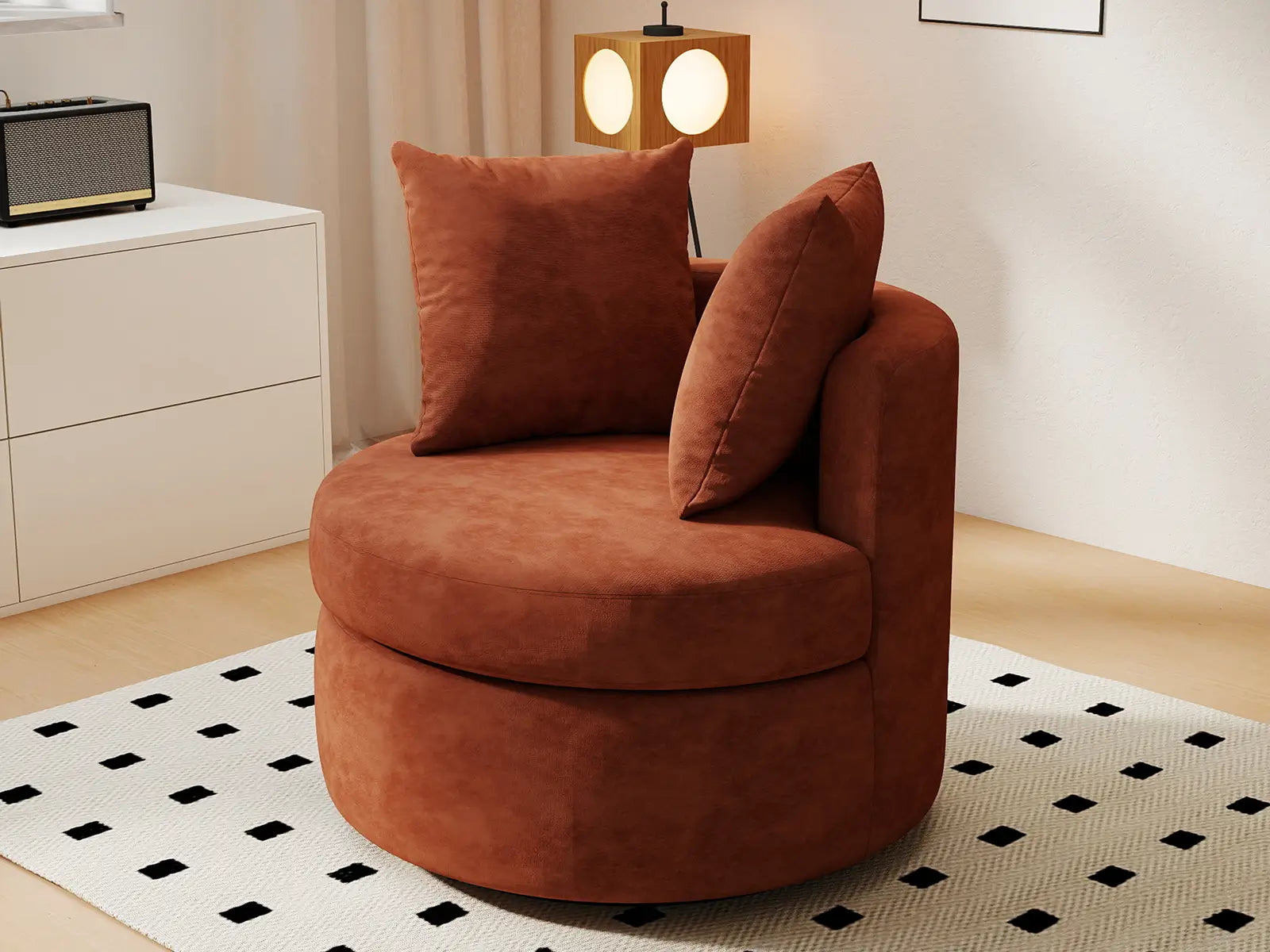 Modern 1-Seater Rust Brown Small Space Swivel Accent Chair | 1-Piece, Linen Upholstery, Curved Shelter Arms