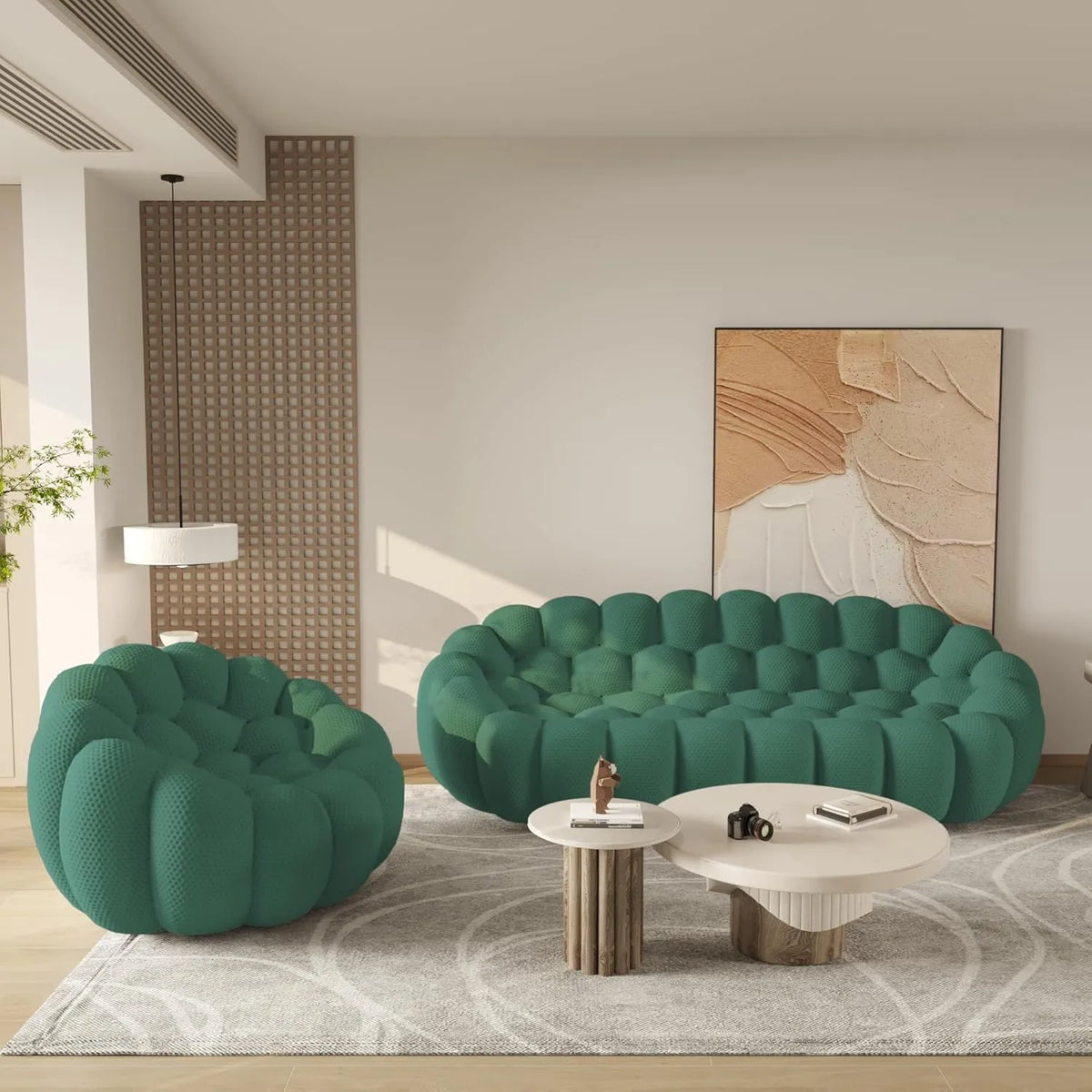 Sofás de suelo esenciales | Conjunto de sofás de 2 piezas de tela tejida 3D verde para 4 personas