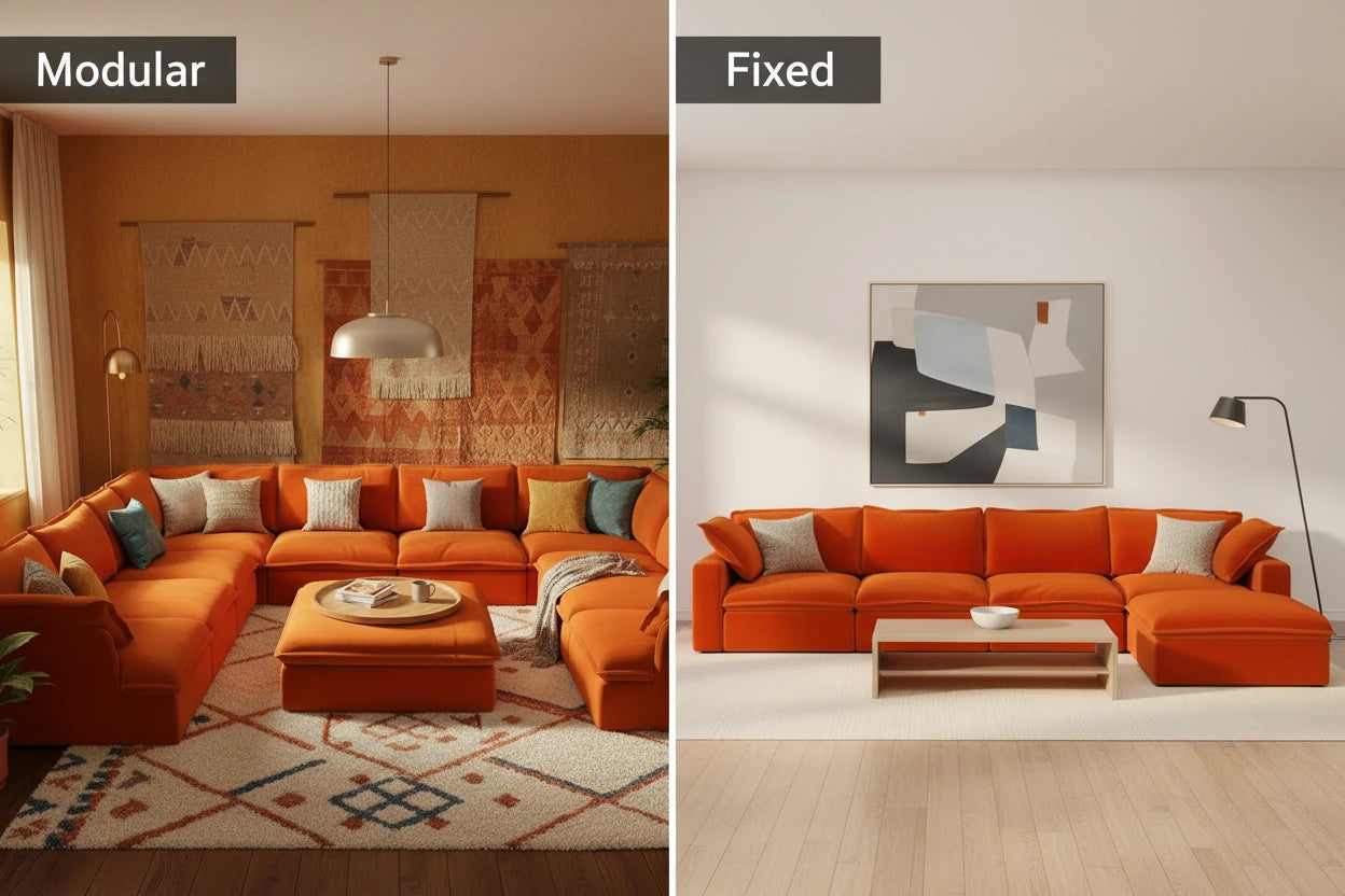 Modular and fixed-frame pit sectional sofa types · Side-by-side layout comparison