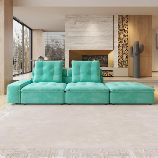 Deluxe Adjustable Cloud Sectional Sofas | Tiffany Blue Frosted Velvet Loveseats 2-seaters with 1 Ottoman