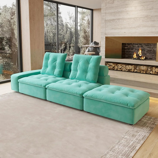 Deluxe Adjustable Cloud Sectional Sofas | Tiffany Blue Frosted Velvet Loveseats 2-seaters with 1 Ottoman