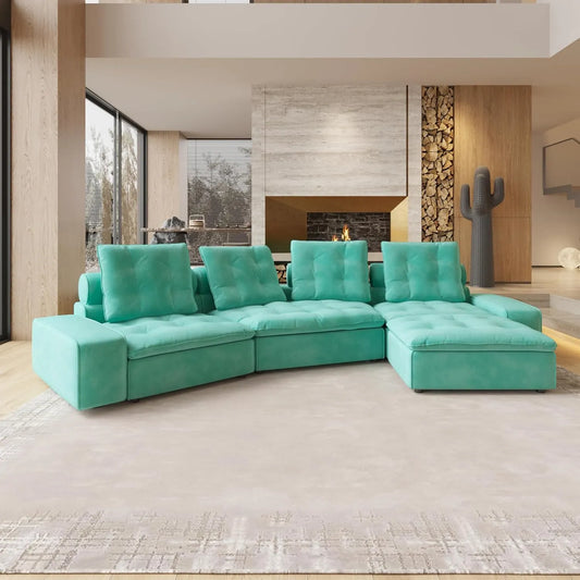 Deluxe Adjustable Cloud Sectional Sofas | Tiffany Blue Frosted Velvet L shaped Sectionals 4-seaters with 1 Ottoman