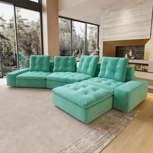 Deluxe Adjustable Cloud Sectional Sofas | Tiffany Blue Frosted Velvet L shaped Sectionals 4-seaters with 1 Ottoman
