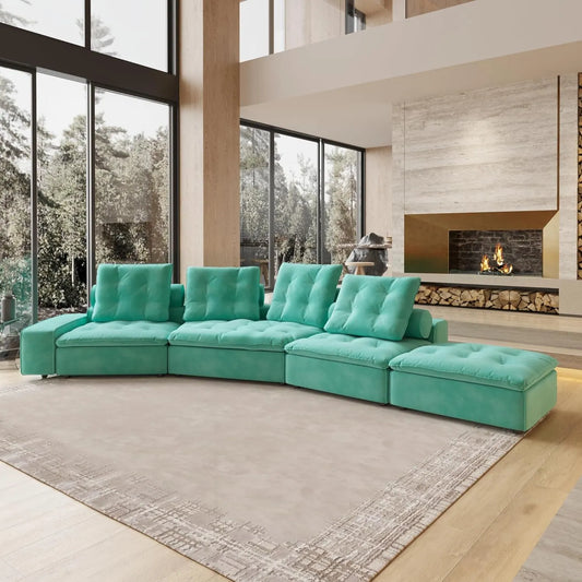 Deluxe Adjustable Cloud Sectional Sofas | Tiffany Blue Frosted Velvet L shaped Sectionals 4-seaters with 1 Ottoman