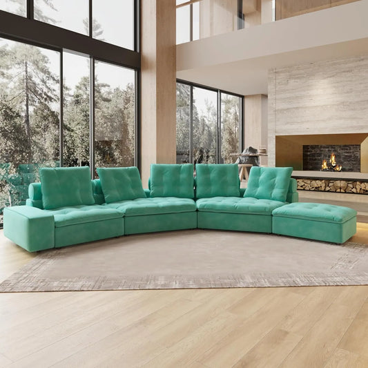 Deluxe Adjustable Cloud Sectional Sofas | Tiffany Blue Frosted Velvet U shaped Sectionals 5-seaters with 1 Ottoman