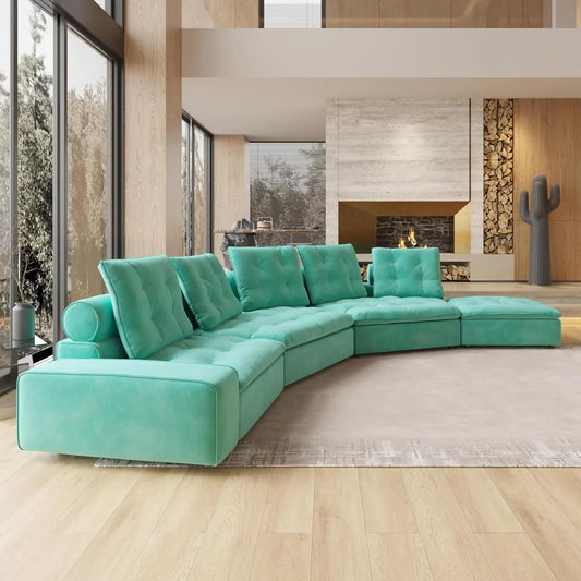 Deluxe Adjustable Cloud Sectional Sofas | Tiffany Blue Frosted Velvet U shaped Sectionals 5-seaters with 1 Ottoman