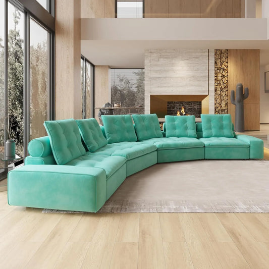 Deluxe Adjustable Cloud Sectional Sofas | Tiffany Blue Frosted Velvet U shaped Sectionals 6-seaters