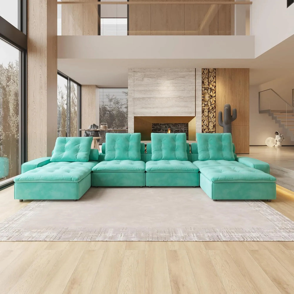 Deluxe Adjustable Cloud Sectional Sofas | Tiffany Blue Frosted Velvet U shaped Sectionals 4-seaters