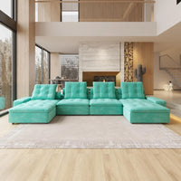 Deluxe Adjustable Cloud Sectional Sofas | Tiffany Blue Frosted Velvet U shaped Sectionals 4-seaters
