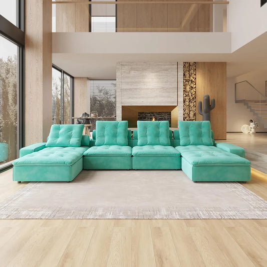 Deluxe Adjustable Cloud Sectional Sofas | Tiffany Blue Frosted Velvet U shaped Sectionals 4-seaters