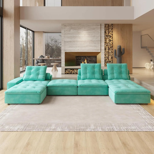 Deluxe Adjustable Cloud Sectional Sofas | Tiffany Blue Frosted Velvet Couch Sectionals 3-seaters