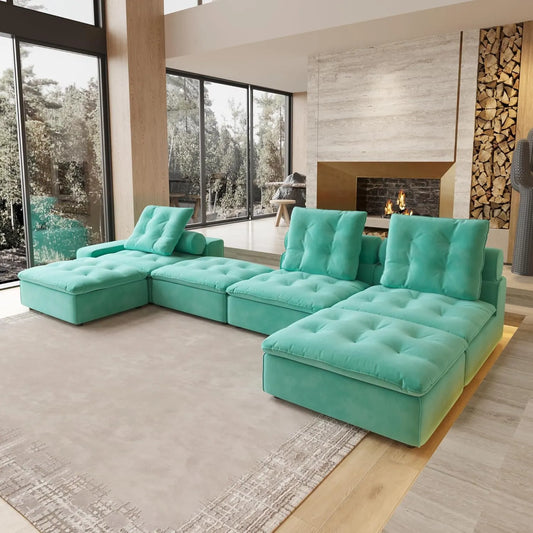 Deluxe Adjustable Cloud Sectional Sofas | Tiffany Blue Frosted Velvet Couch Sectionals 3-seaters