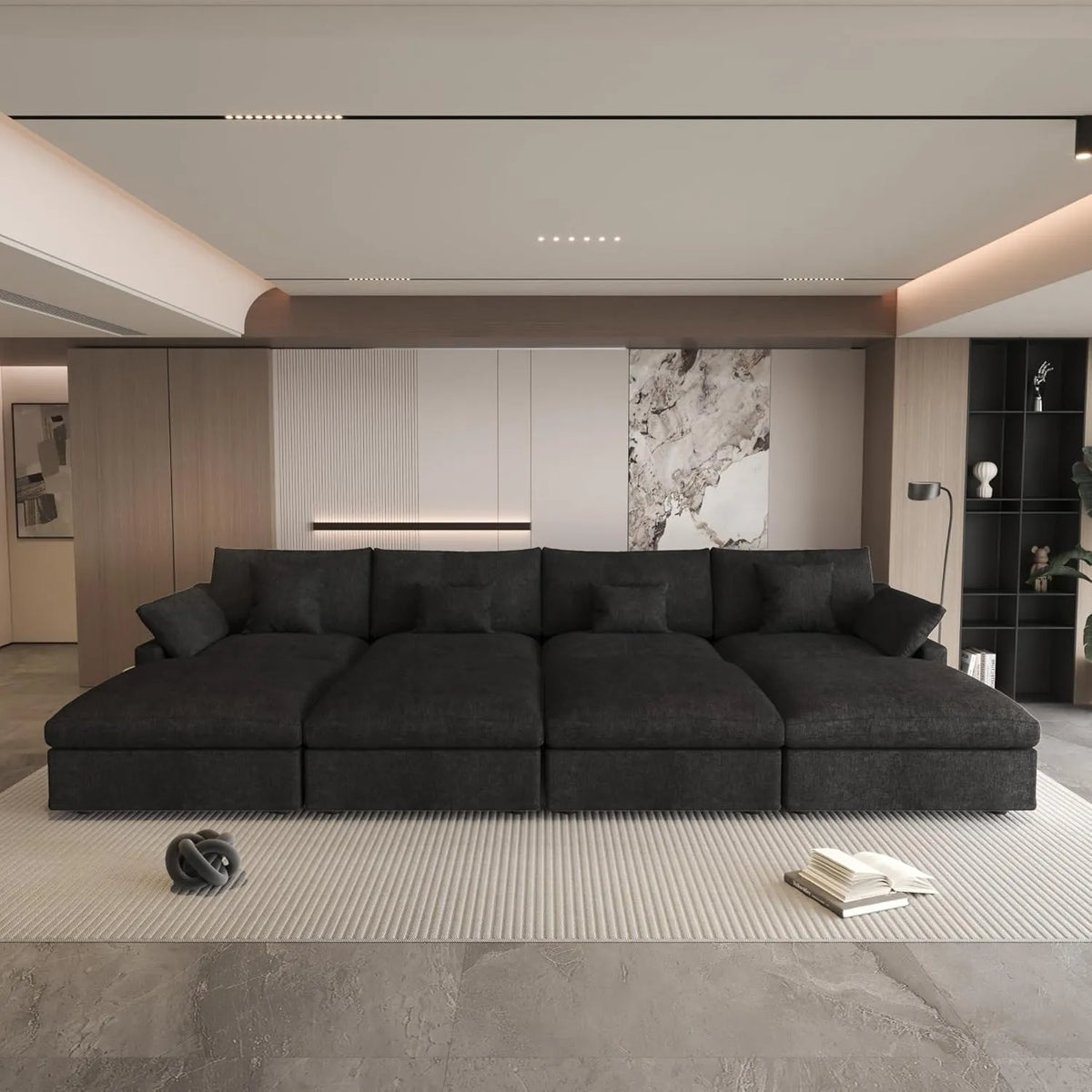 Sofá modular Deluxe Cloud de 4 plazas, color negro, lavable | 8 piezas (incluye 4 otomanas), tejido de chenilla y lino, diseño modular
