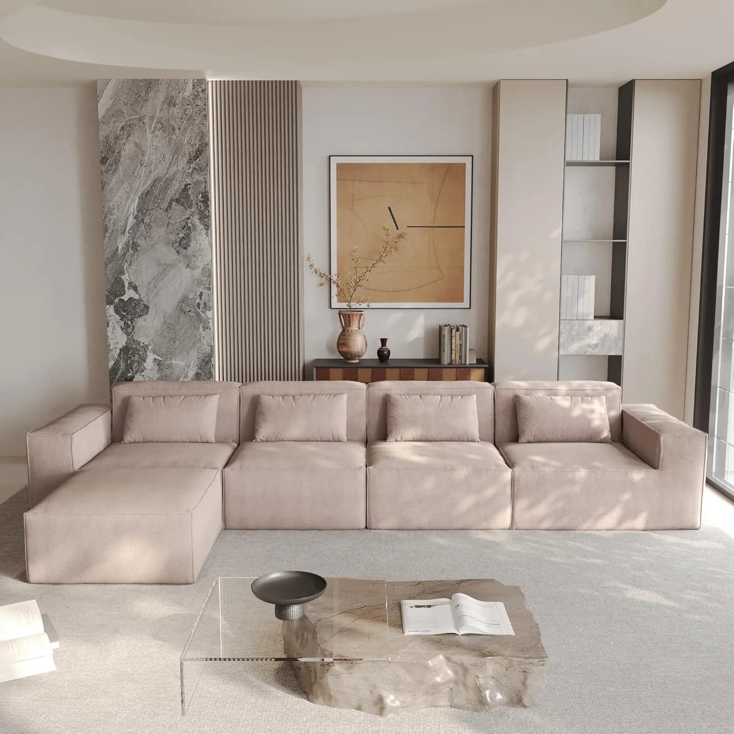 Sofá modular en forma de L Matrix de 4 plazas, color marrón | 5 piezas (incluye 1 otomana), tela Cloud Velvet, gran capacidad.