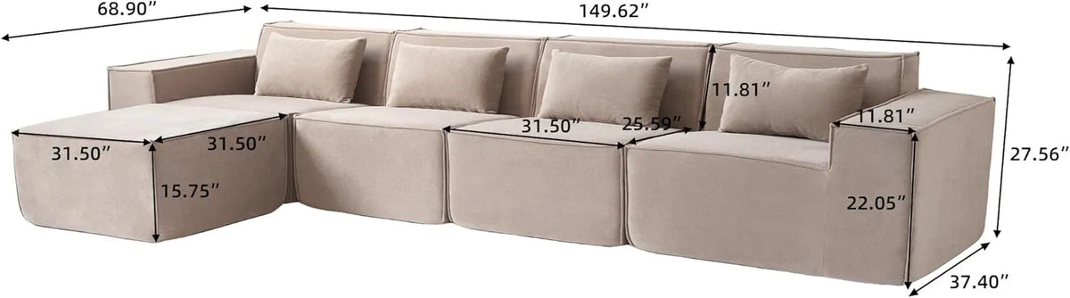 Matrix 4-Seater Brown Modular L-Shaped Sectional | 5-Piece (includes 1 Ottoman), Cloud Velvet Fabric, Large Space