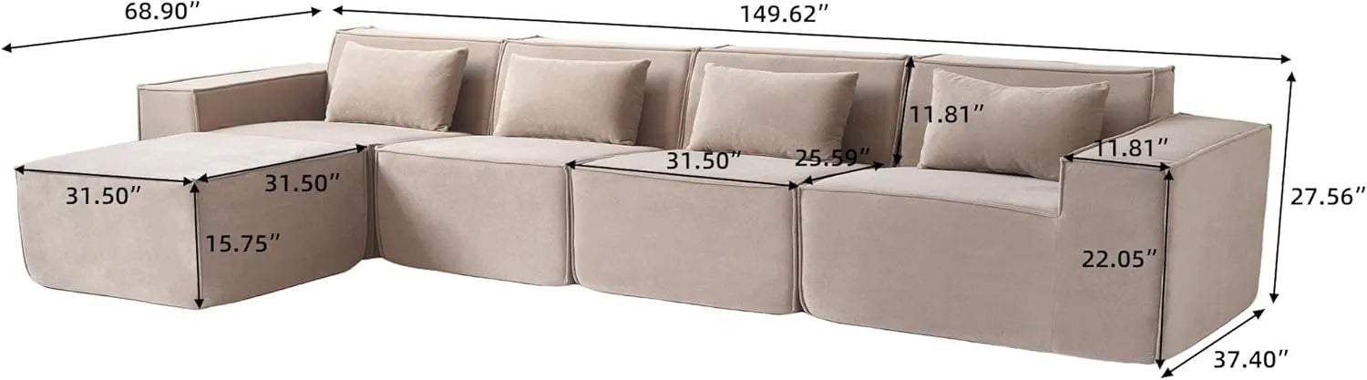 Sofá modular en forma de L Matrix de 4 plazas, color marrón | 5 piezas (incluye 1 otomana), tela Cloud Velvet, gran capacidad.