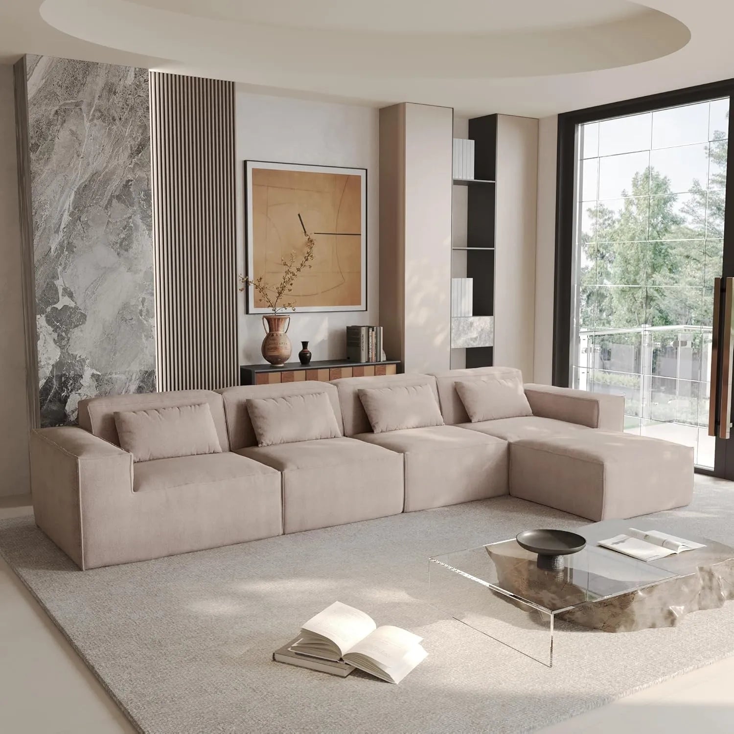 Sofá modular en forma de L Matrix de 4 plazas, color marrón | 5 piezas (incluye 1 otomana), tela Cloud Velvet, gran capacidad.