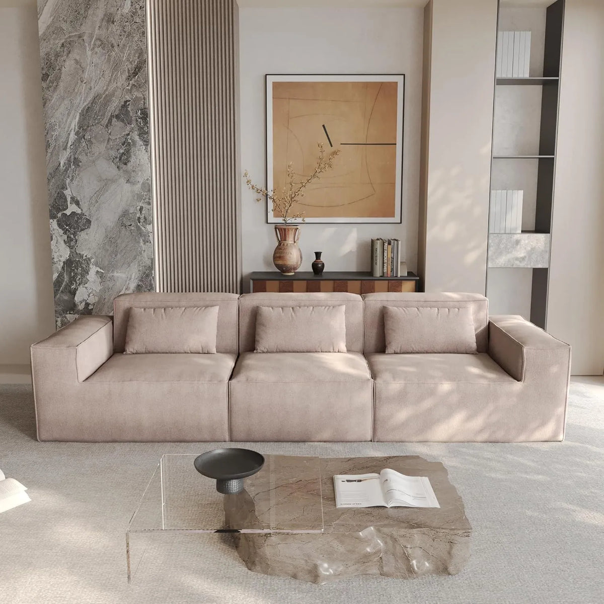 Sofá modular seccional Matrix de 3 plazas, color marrón | 3 piezas, tela Cloud Velvet, para espacios pequeños