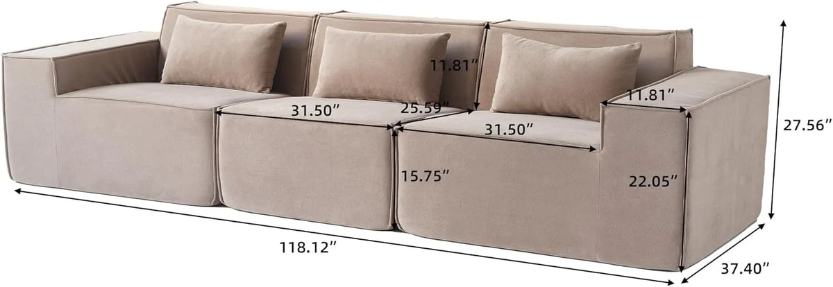 Sofá modular seccional Matrix de 3 plazas, color marrón | 3 piezas, tela Cloud Velvet, para espacios pequeños