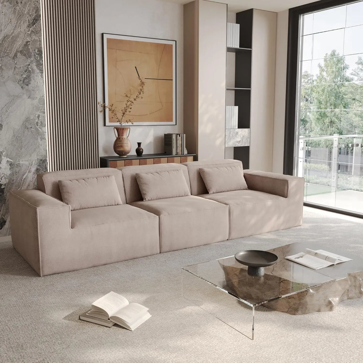 Sofá modular seccional Matrix de 3 plazas, color marrón | 3 piezas, tela Cloud Velvet, para espacios pequeños