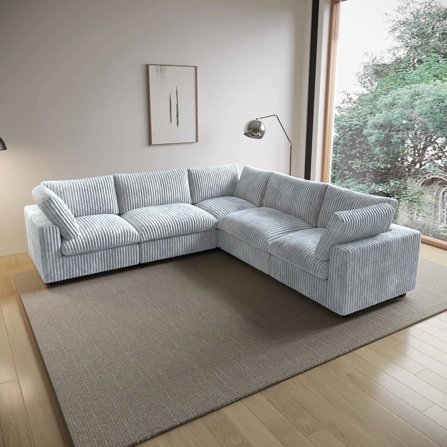Sofá seccional Deluxe Cloud de 5 plazas, color gris claro, lavable, en forma de V | 5 piezas, tela de felpa, diseño modular