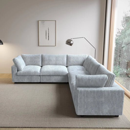 Deluxe Classic Cloud Sectional Sofas | Light Grey Plush Fabric U shaped Sectionals 5-seaters