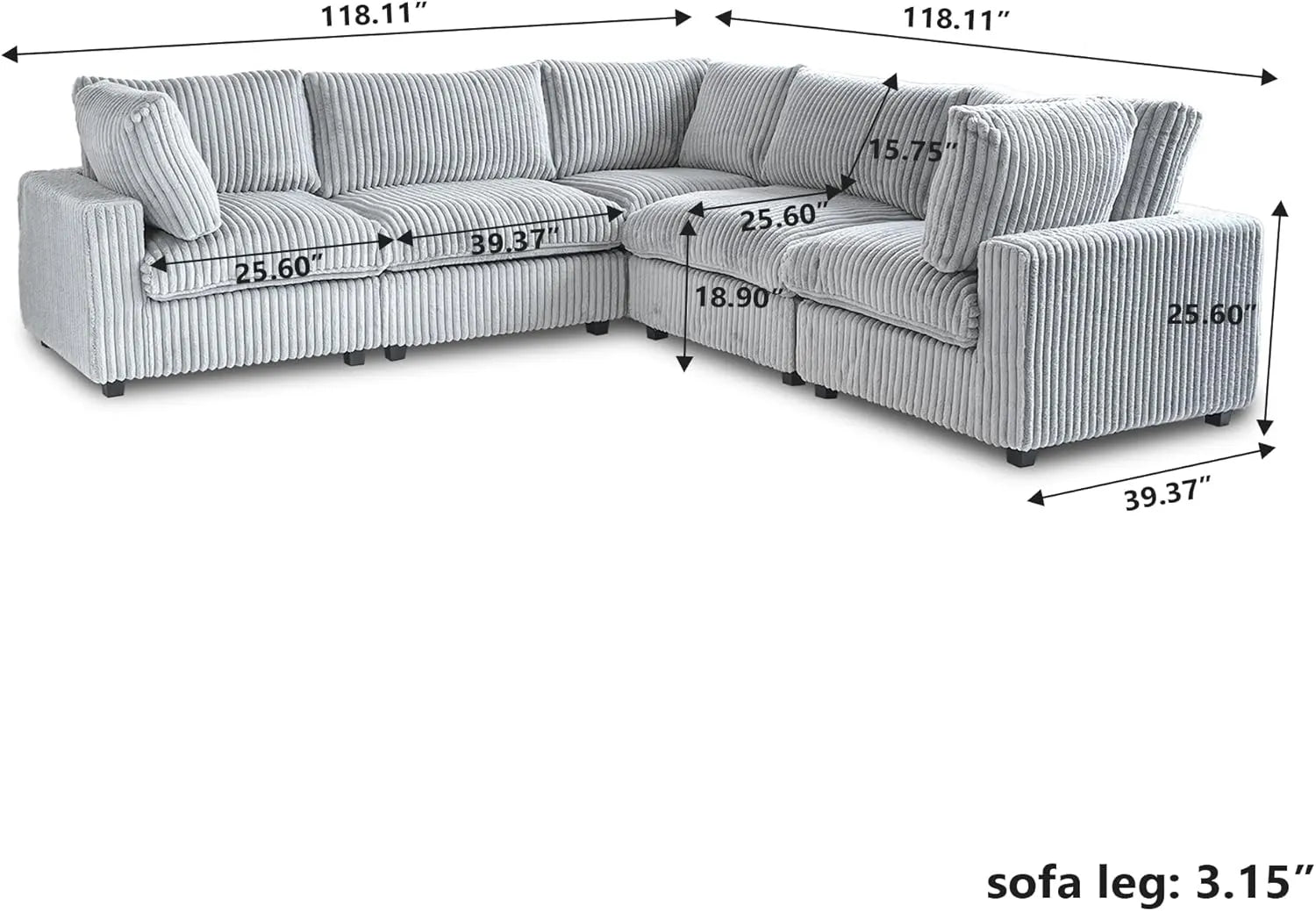 Sofá seccional Deluxe Cloud de 5 plazas, color gris claro, lavable, en forma de V | 5 piezas, tela de felpa, diseño modular