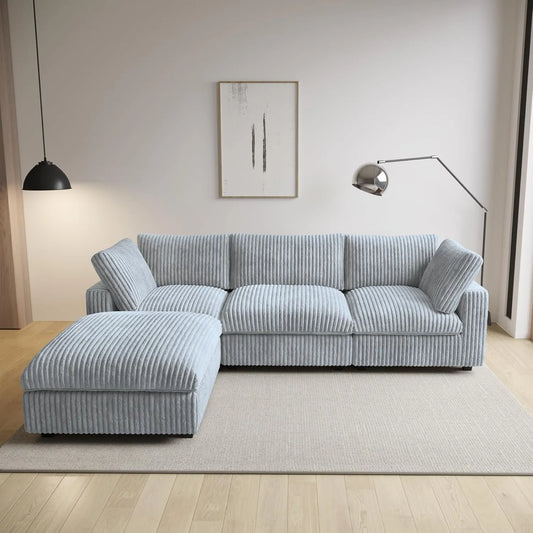 Deluxe Classic Cloud Sectional Sofas | Light Grey Plush Fabric Couch Sectionals 3-seaters with 1 Ottoman
